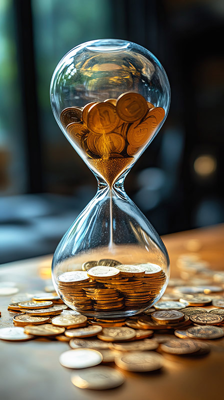 Time is money concept depicted by an hourglass filled with coins